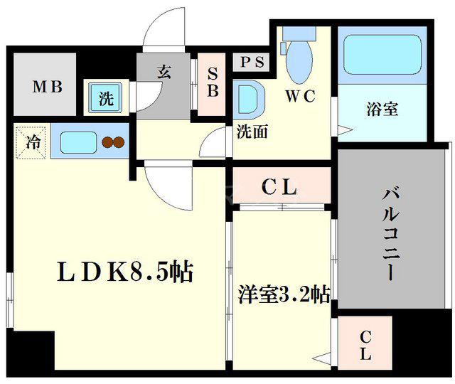 レジュールアッシュ難波南III(1LDK/6階)の間取り写真