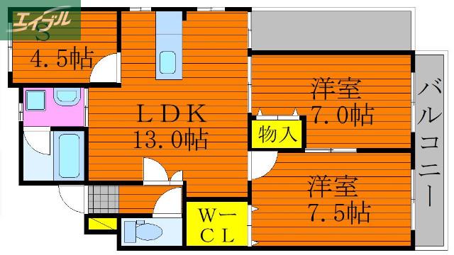 ラクール庭瀬(2SLDK/2階)の間取り写真