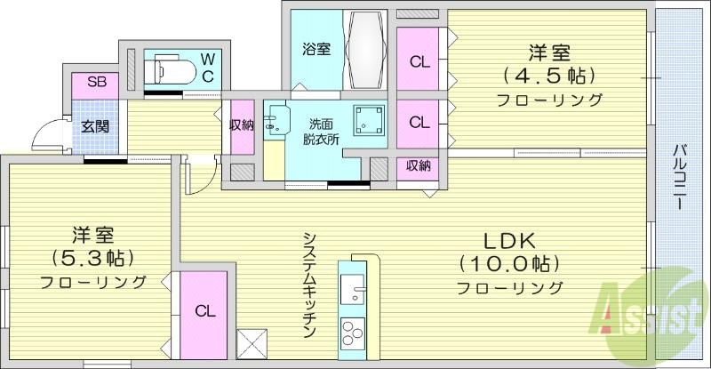 トリシア中條 A(2LDK/1階)の間取り写真