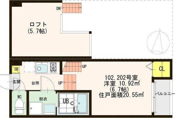 ハーモニーテラス梅田町(1K/2階)の間取り写真