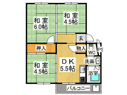 地下鉄西神・山手線 伊川谷駅 バス乗車時間:19分 最寄りバス停で下車 徒歩3分 5階建 築55年(3DK/1階)の間取り写真