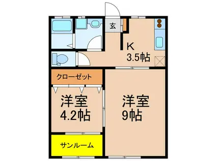 モンターニュB棟(2K/1階)の間取り写真