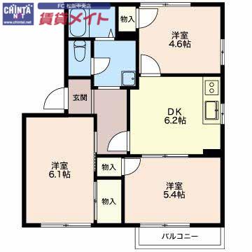 コーポフレグランス C棟(3DK/2階)の間取り写真