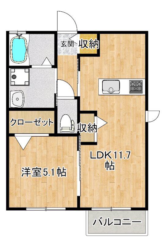 ミネール山隈(1LDK/1階)の間取り写真