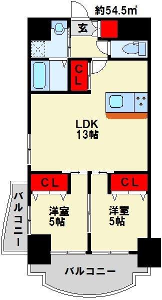 ロイヤルノースナイン(2LDK/6階)の間取り写真