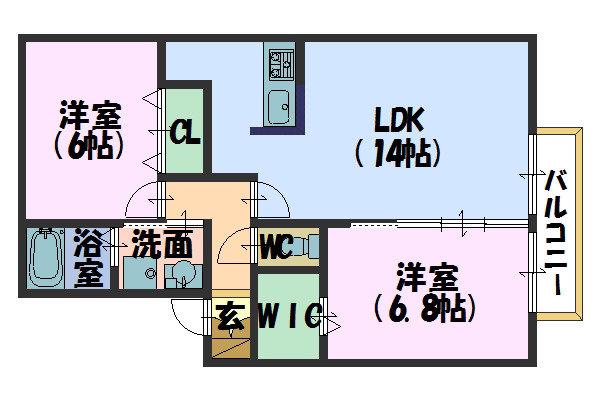 ヴィルヌーブB棟(2LDK/2階)の間取り写真