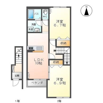 2階のお部屋で陽当り良好(2LDK/2階)の間取り写真