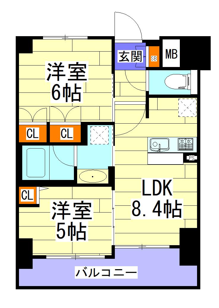 エステムプラザ大手前エヴァース(2LDK/13階)の間取り写真