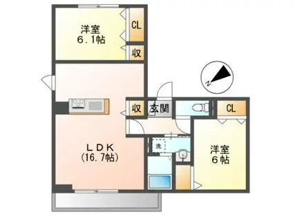 ベルヒルズ B棟(2LDK/2階)の間取り写真