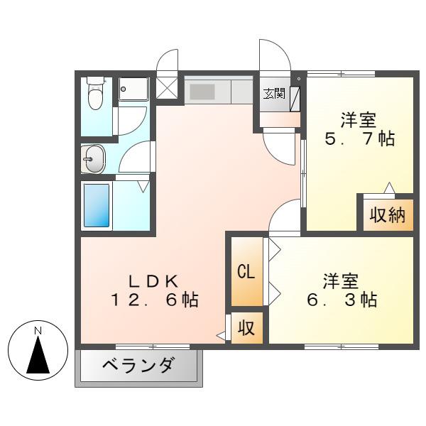ルミエールいしはらB(2LDK/2階)の間取り写真