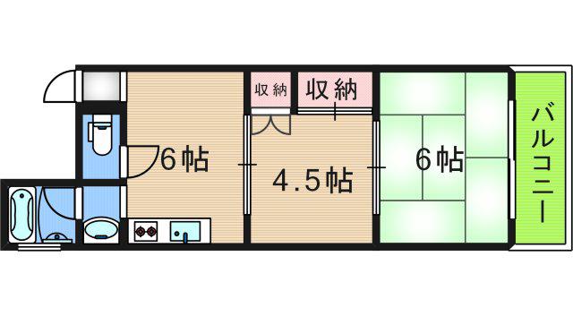 南海本線 粉浜駅 徒歩7分 3階建 築48年(2DK/2階)の間取り写真