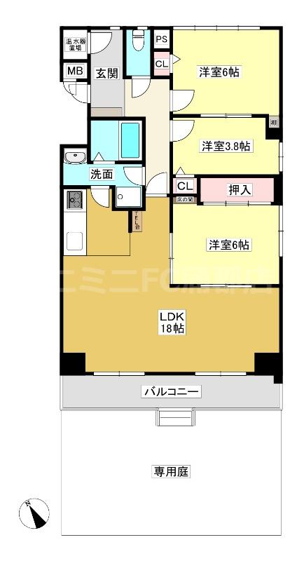 キングスコート三谷II B棟(3LDK/1階)の間取り写真