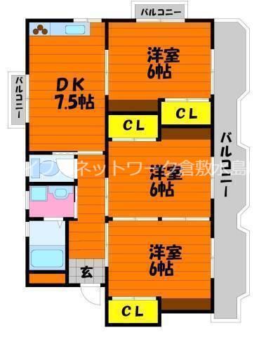 フラット西中新田(3DK/3階)の間取り写真