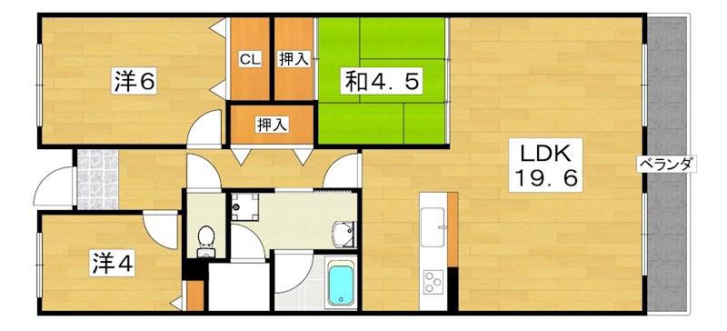 寝屋川サンハイツA棟(3LDK/7階)の間取り写真