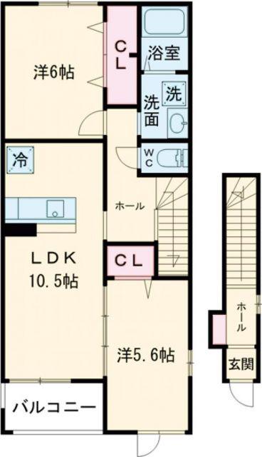 アウローラ I(2LDK/2階)の間取り写真