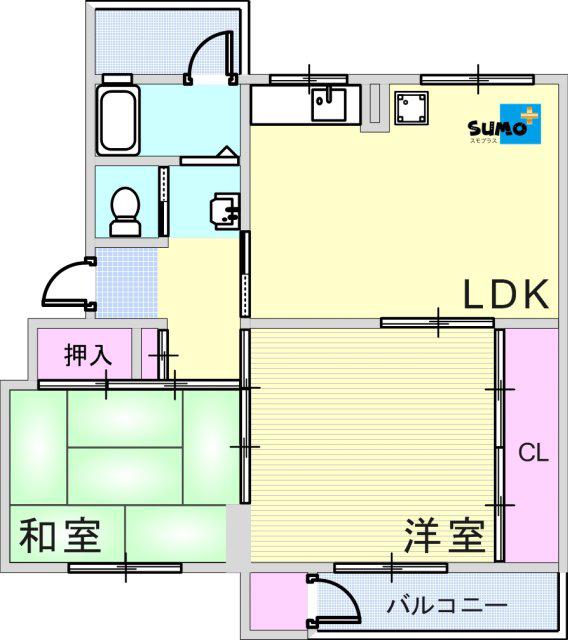 鶴甲コーポ15号棟(2LDK/5階)の間取り写真