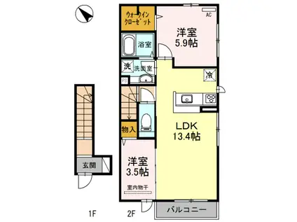 エレスチャルI小野原(2LDK/2階)の間取り写真