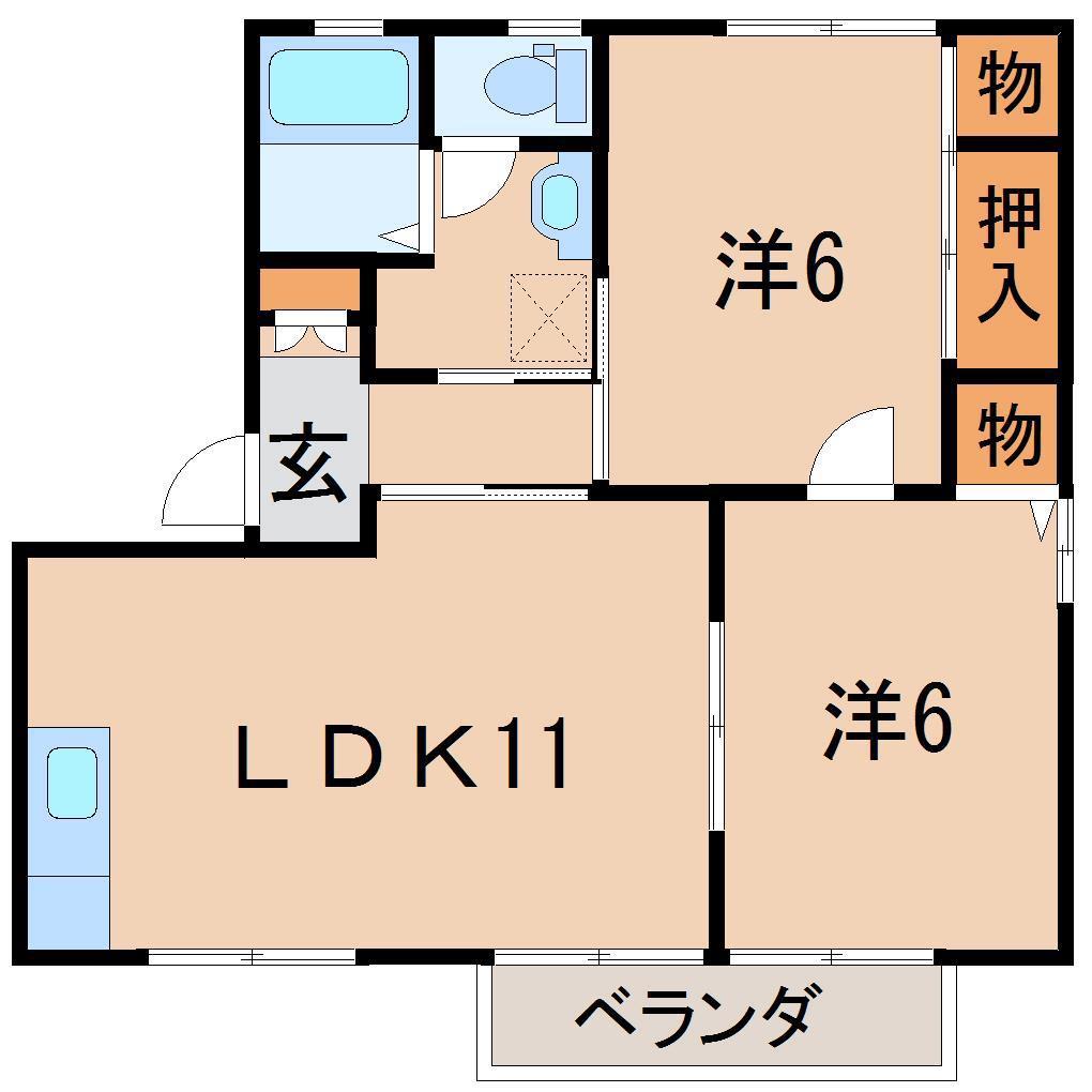 ディアス東中央B(2LDK/2階)の間取り写真