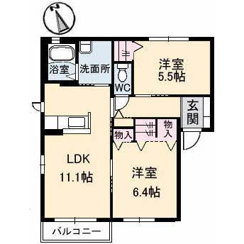 クラージュB棟(2LDK/1階)の間取り写真
