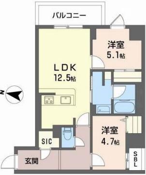 バリオ西本町(2LDK/4階)の間取り写真