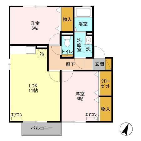 ウィルモアEFU B棟(2LDK/2階)の間取り写真