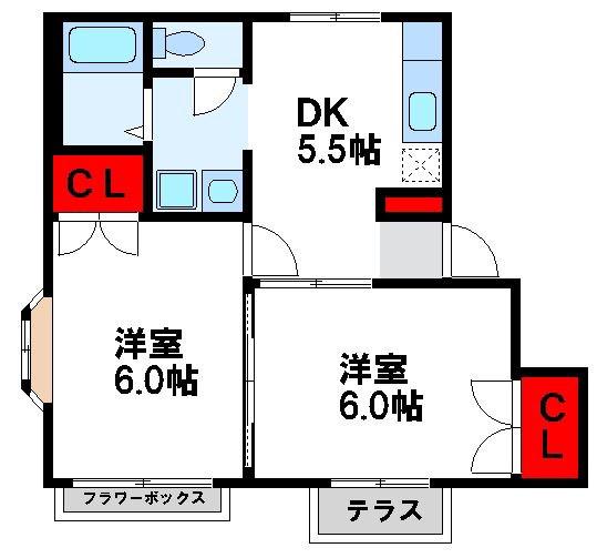 JR鹿児島本線 東郷駅 徒歩5分 2階建 築32年(2DK/1階)の間取り写真