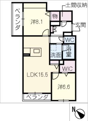 岡崎市上和田町シャーメゾンB棟(2LDK/2階)の間取り写真