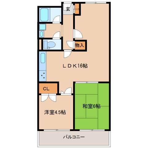 ユニハイツ朝霧(2LDK/5階)の間取り写真