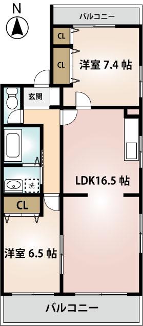 パセオ新町 B棟(2LDK/2階)の間取り写真