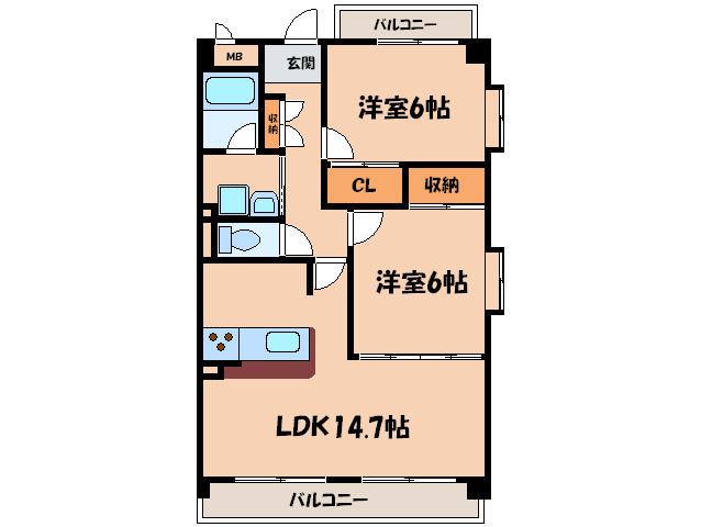 レーヴシェソワ(2LDK/6階)の間取り写真