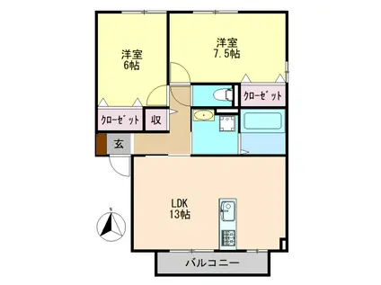 シャトーショコラE棟(2LDK/2階)の間取り写真