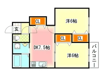 KMハイツVII B棟(2DK/1階)の間取り写真