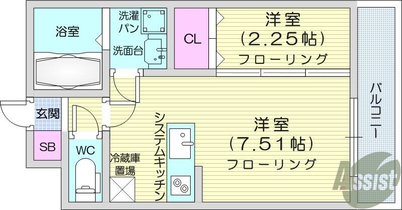 アイワレジデンスこまつしま(1SK/2階)の間取り写真