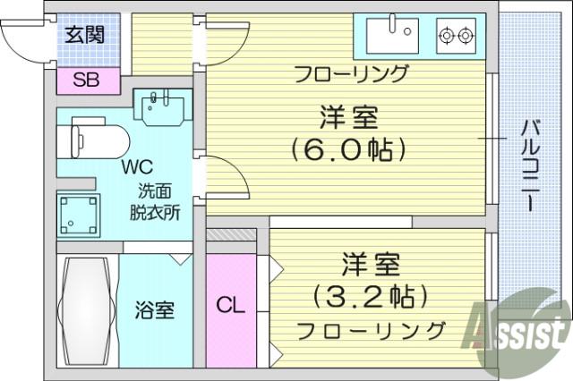 メリディアン国見弐番館(ワンルーム/2階)の間取り写真