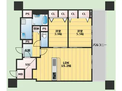 レフィシア箕面船場(2LDK/9階)の間取り写真