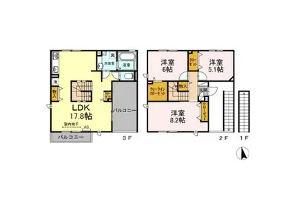 アンジェリーク新開 B棟(3LDK/2階)の間取り写真