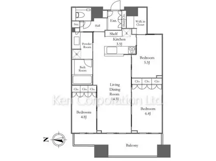 富久クロスコンフォートタワー(3LDK/45階)の間取り写真