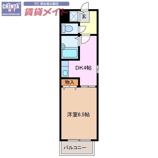 近鉄名古屋線 津新町駅 徒歩4分 9階建 築28年(1DK/3階)の間取り写真