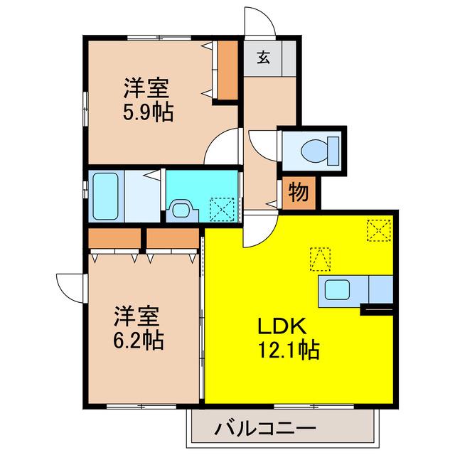 ソレアード・ドミール A(2LDK/1階)の間取り写真