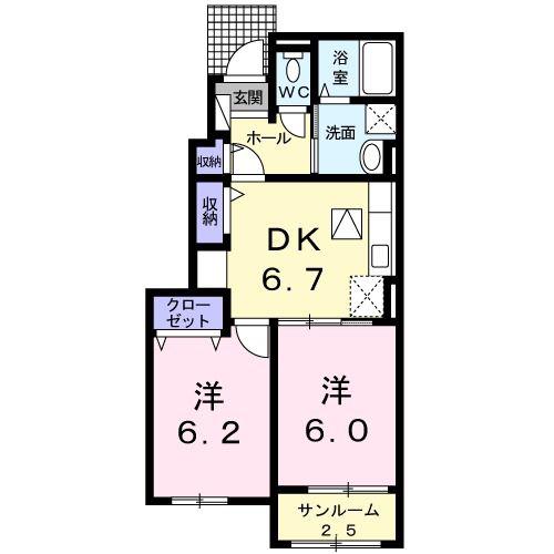カーサハピネスI(2DK/1階)の間取り写真
