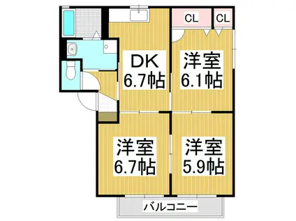 ウエストパルクA棟(3DK/1階)の間取り写真