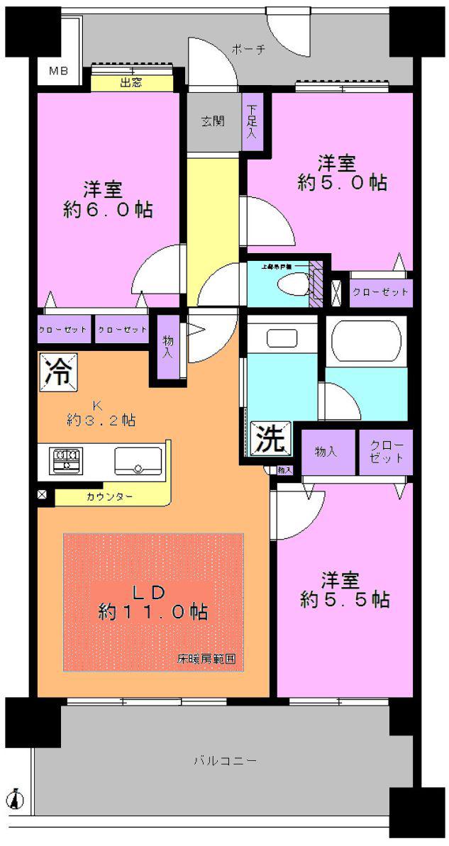コスモ川口幸町(3LDK/6階)の間取り写真