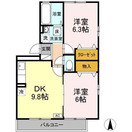 オークスK A棟(2DK/2階)の間取り写真