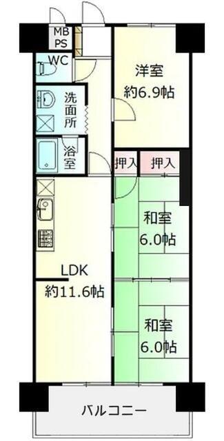 旭コーポラス宮城野(3LDK/3階)の間取り写真