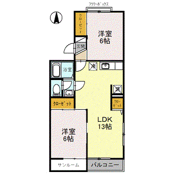 レジデンスT・H I号館(2LDK/2階)の間取り写真