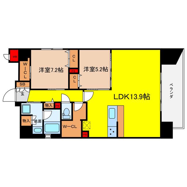 レジュールアッシュ谷町四丁目グランクラス(2LDK/13階)の間取り写真