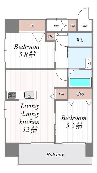 アリアソワン福島鷺洲(2LDK/5階)の間取り写真