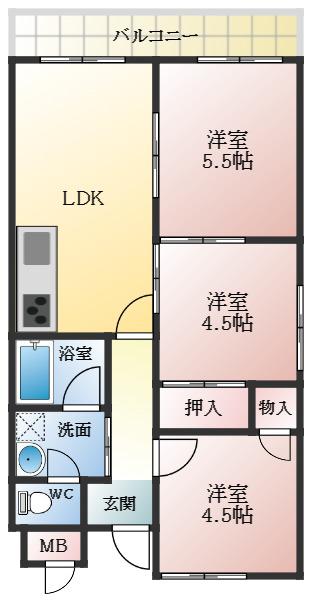 プレジデント柏原(3LDK/6階)の間取り写真