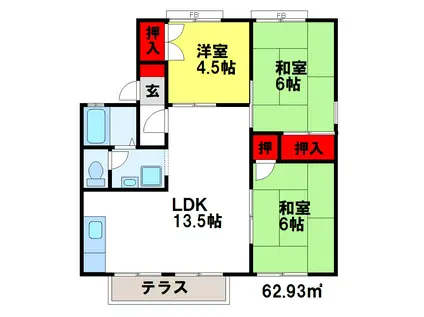 セジュールプルニエ(3LDK/1階)の間取り写真