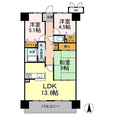 ヴェルビュ鶴見坦(3LDK/10階)の間取り写真